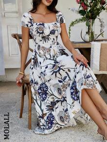 波西米亚风格露背收腰露肩花卉印花连衣裙，夏季