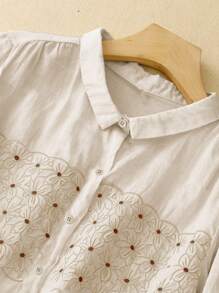 Women's Loose Fit Embroidered Semi-Sheer Viscose Short Sleeve Blouse, Spring/Summer - Apricot - View 8