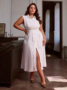 Simplee Plus Size Women's Summer New Front Button Sleeveless Lace Patchwork Dress, Office Wear, Teachers Outfit - White - View 5