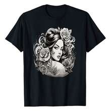 Chicana La Raza Barrio Tattoo Art Death T-Shirt, Women's Printed T-Shirt 220g, 100% Cotton, Retro Fashion Street Women's Short Sleeves, Round Neck Casual Women's Outdoor Short Sleeves, Daily Four Seasons Wear, Holiday Gifts - 黑色 - 查看 1