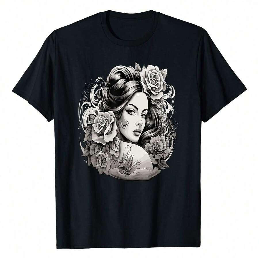 Chicana La Raza Barrio Tattoo Art Death T-Shirt, Women's Printed T-Shirt 220g, 100% Cotton, Retro Fashion Street Women's Short Sleeves, Round Neck Casual Women's Outdoor Short Sleeves, Daily Four Seasons Wear, Holiday Gifts - 黑色 - 查看 1
