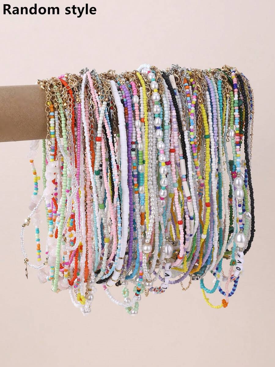 5/10/15pcs Random Design Multi-Color Rice Beads Pendant Necklace ...