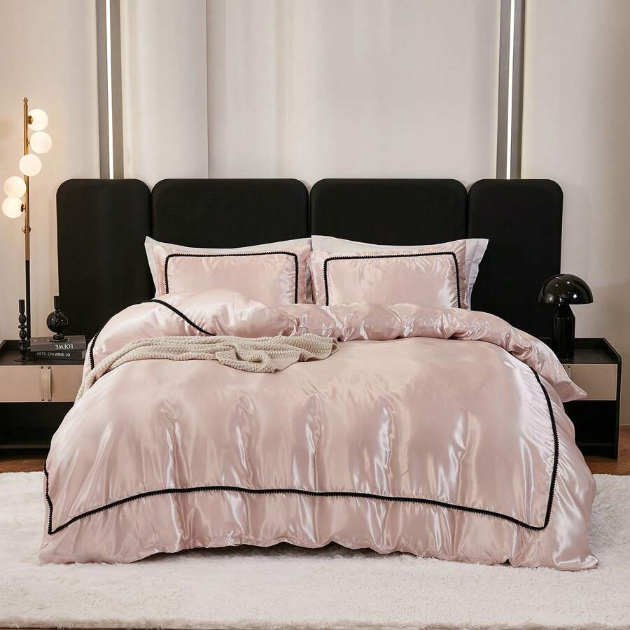 Satin Comforter Set 7 Pieces Queen Size Bed In A Bag Luxury Polyester Satin Bedding Set With Comforter Pillowcases And Sheets Sets Pompoms Design Super Soft Silky Bed Set For All Season - 藕粉色 - 查看 1