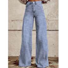 Womens High Rise Jeans Retro Classic Striped Print Wide Leg Denim Pants Boyfriend Jeans With Pockets - Blue - View 2