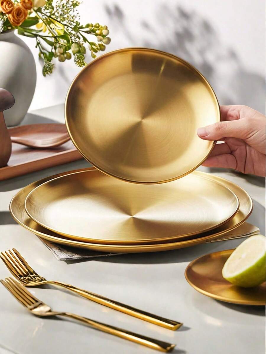 1 件金色不锈钢盘子套装 - 奢华哑光饰面，可放入洗碗机清洗 - 适用于家庭、户外、露营、小吃和烧烤