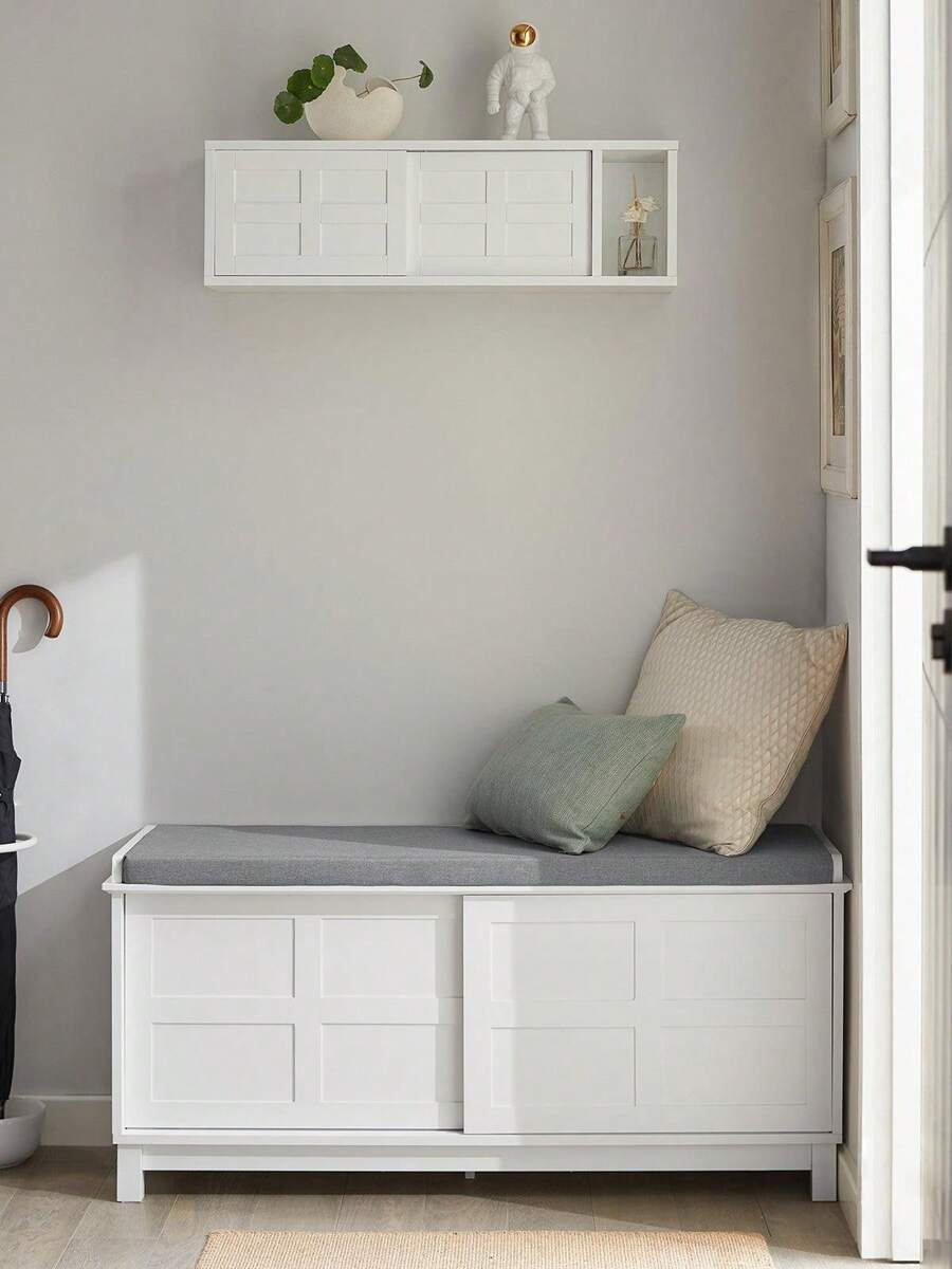 SoBuy FSR86-W, Hallway Storage Bench Shoe Bench Shoe Rack Shoe Cabinet With 2 Sliding Doors And Seat Cushion
