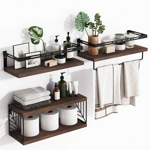 3+1 Tier Wall Mounted Bathroom Shelves Over Toilet, Rustic Wood Floating Shelves With Metal Frame And Towel Bar For Bathroom, Kitchen, Bedroom, Living Room Home Bathroom Decor Bathroom Organizer Summer Back To School