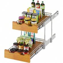 2 Tier Pull Out Cabinet Organizer (14" W X 21" D) Slide Out Wood Shelf Double Tier Kitchen Wire Basket With Chrome Finish…