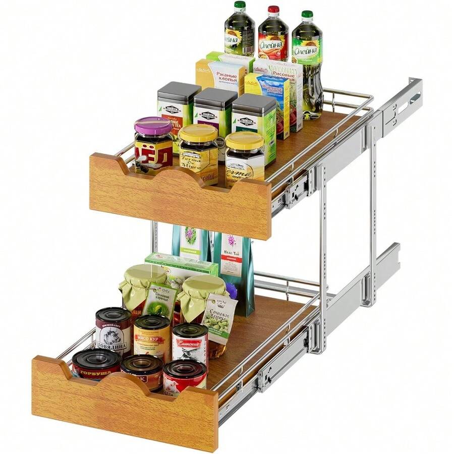 2 Tier Pull Out Cabinet Organizer (14" W X 21" D) Slide Out Wood Shelf Double Tier Kitchen Wire Basket With Chrome Finish…