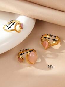 Bộ 3 nhẫn đá Opal hồng mạ vàng đơn giản thời trang dành cho nữ bằng thép không gỉ, thích hợp làm trang phục cho phụ nữ hoặc làm quà tặng - Vàng - Xem 3