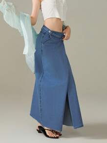 Womens Denim Wrap Long Skirt A-Line Hem Solid Color Button-Up Closure Casual Skirts - Royal Blue - View 5