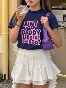 1pc Tween Girl Casual Printed Short Sleeve T-Shirt, Comfortable & Fashionable Student Wear, Summer Top - Navy Blue - View 5