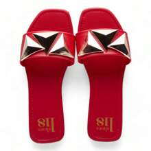 Sandalias Planas para Mujer en Piel con Estoperoles, Diseño Elegante y Cómodo para Uso Diario - Rojo - Ver 4