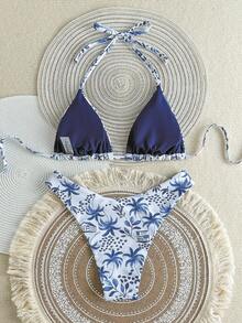 女士度假风印花挂脖三角比基尼两件套，适合海岛度假、摄影和夏季沙滩装 - 彩色 - 查看 3