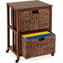 Vertical Rolling File Cabinet, Multipurpose Portable Water Hyacinth Basket Organizer For Home Office, Workspace W/Rubberwood Frame, Metal Sliders, Locking Caster Wheels - Mocha - Mocha - View 1