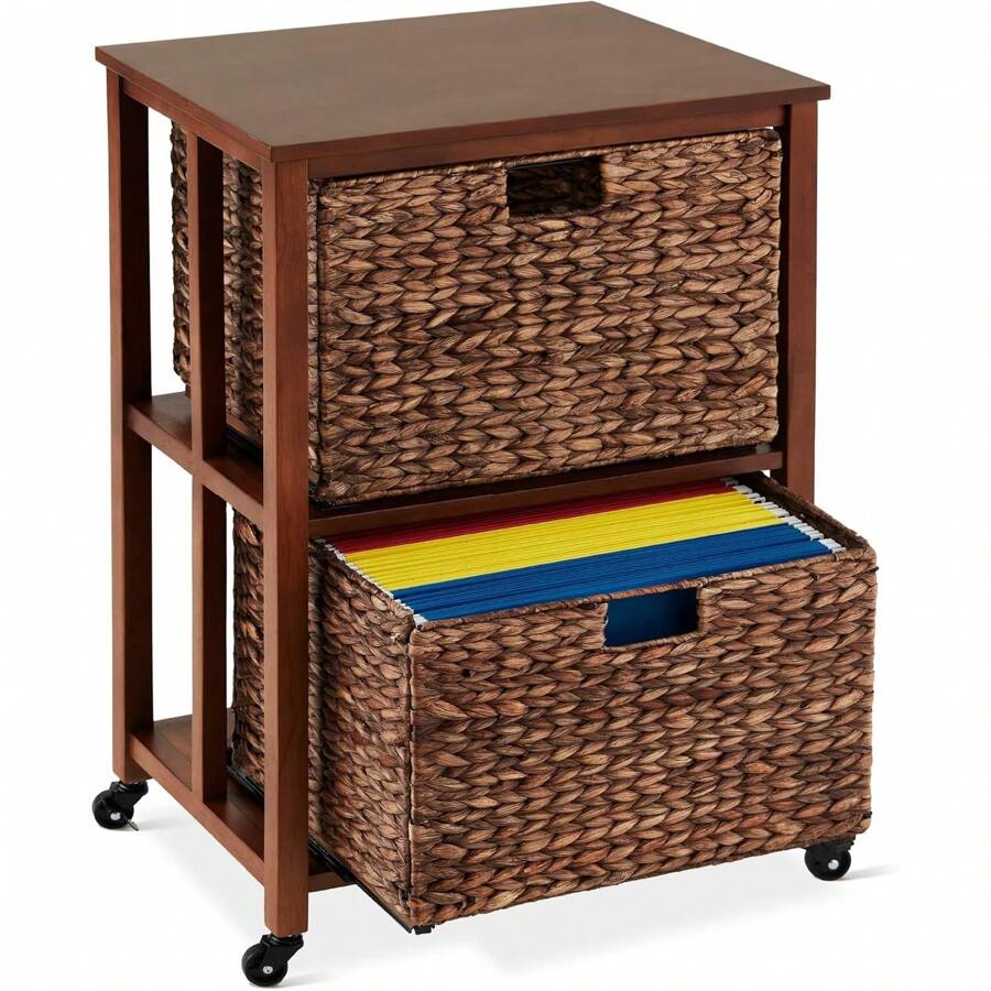 Vertical Rolling File Cabinet, Multipurpose Portable Water Hyacinth Basket Organizer For Home Office, Workspace W/Rubberwood Frame, Metal Sliders, Locking Caster Wheels - Mocha - Mocha - View 1