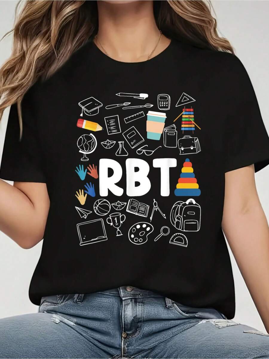100% Cotton Registered Behavior Technician Rbt Behavioral Women's Round Neck Short Sleeve T-Shirt Fashion Graphic Tees Women Top - 黑色 - 查看 1