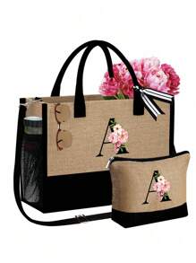 Túi tote họa tiết hoa Begonia hồng, chữ cái đen từ A đến Z, có quai đeo vai và túi đựng mỹ phẩm, túi quà tặng cá nhân hóa có ngăn bên hông, túi đi biển kèm khăn quàng cổ, túi đựng đồ du lịch đơn giản, túi đựng mỹ phẩm du lịch. - Màu Khaki - Xem 17