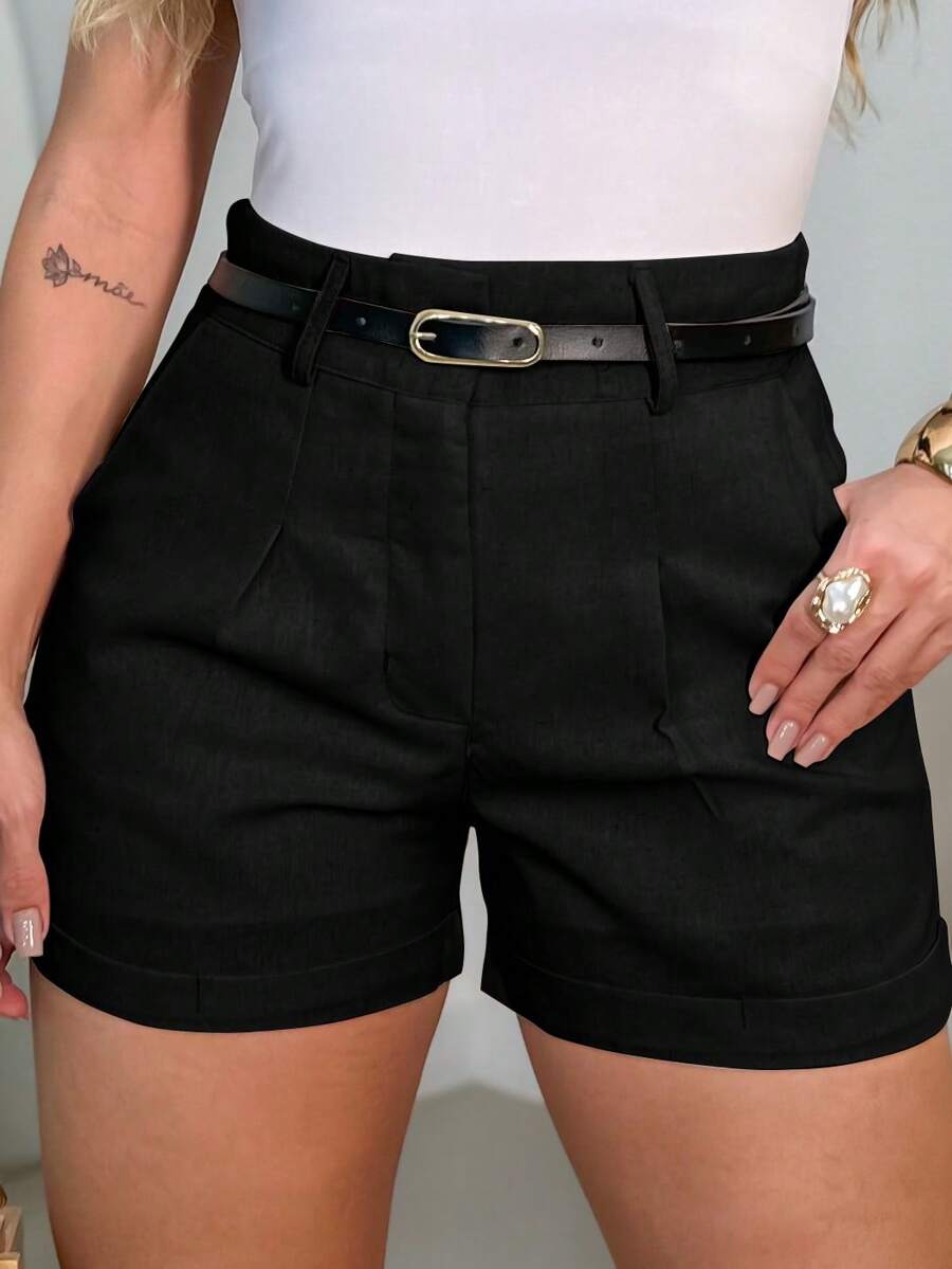 EMILI Women's Linen Shorts Emili With Belt And Pockets - 黑色 - 查看 1