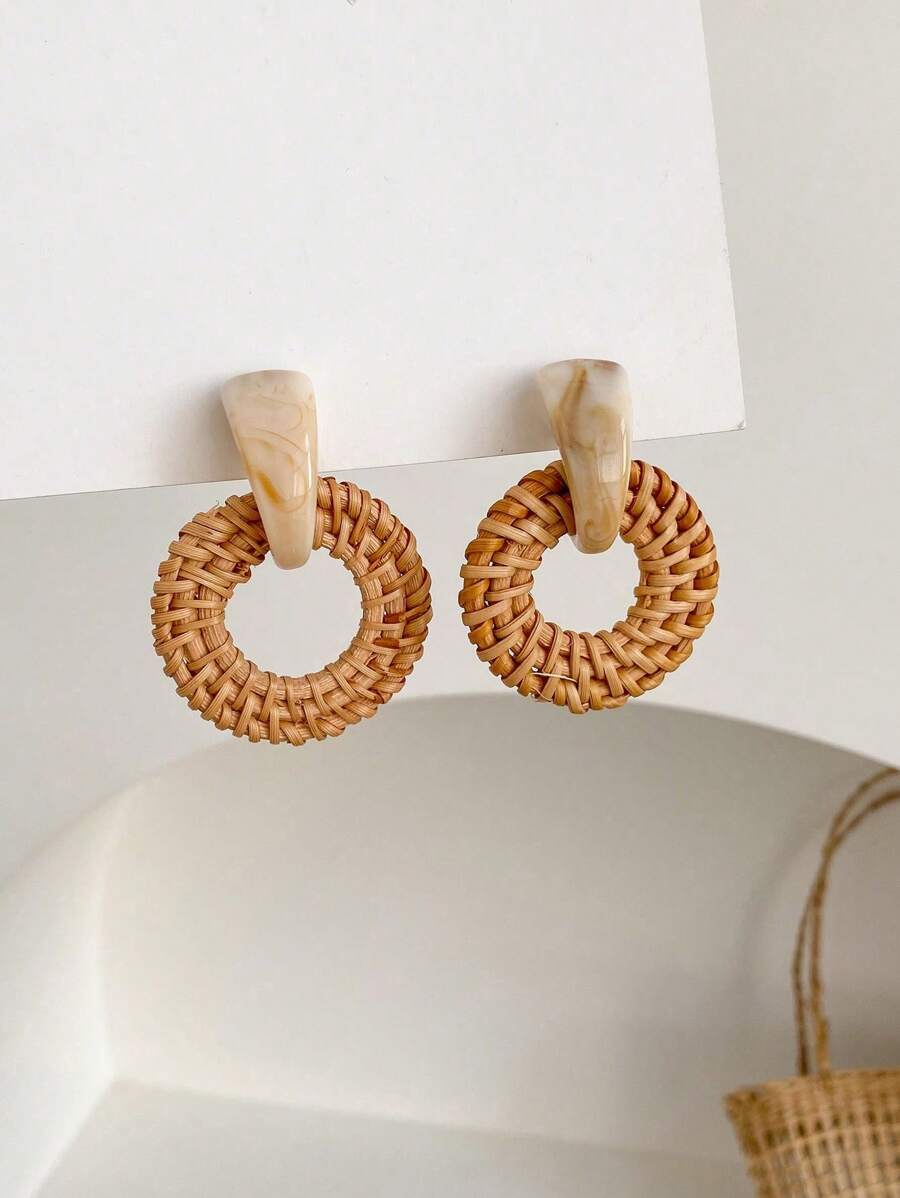 1 Cặp bông tai gỗ hình lục giác hình giọt nước tròn dệt cổ điển - màu nâu - Xem 1