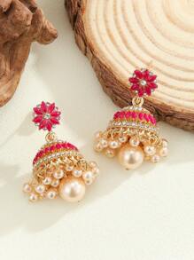 1 Pair Colorful Bohemian Style Crystal Flower Earrings With Tassel & Bell Decor, Faux Pearl Drop Earrings, Charming Earrings Suitable For Women's Daily Wear, Festivals, Weddings And Parties - Multicolor - View 6