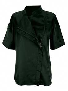 Women Chef Jacket With Stand Collar, Solid Color Spring - Dark Green - View 3