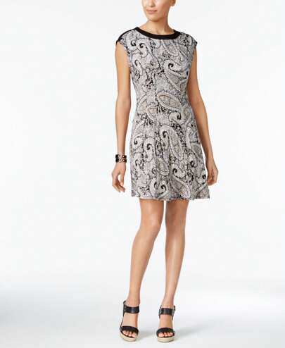 NY Collection Petite Printed Contrast Neck A Line Dress