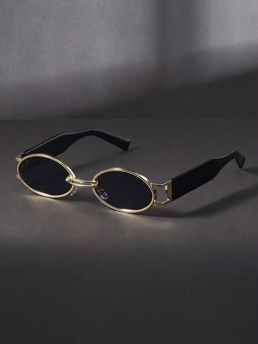 1 pieza Gafas de moda básicas de plástico y metal con montura metálica ovalada, vintage, elegantes, a juego con todo, aptas para el snapchat, festivales musicales, bares, viajes, adecuadas para todos los tipos de rostro, accesorios