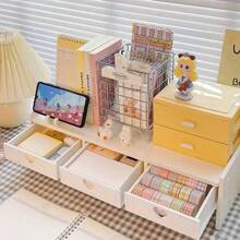 1 pieza Caja organizadora de escritorio de madera blanca encantadora con perilla en forma de corazón - Estilo de 3 cajones Estantería de almacenamiento para portátil y computadora, diseño de ahorro de espacio apto para el hogar y la oficina, accesorios de escritorio