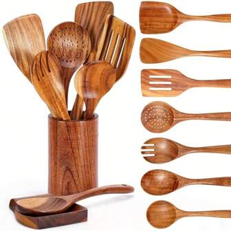 Premium Wooden Kitchen Utensils - High Quality & Durable Wooden Spatula, Suitable For Non-Stick Cookware, Wok Stir-Fry Dishes - Great For Home Cooking And Baking, Cooking Tools
