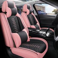 Nappa Perforated Leather Universal Car 5 Seat Covers Full Set Car Breathable Air Hole All Coverage Front Back Side Full Cushioned Protector Fit For Most Cars SUV Truck Sedan - 粉色 - 查看 1
