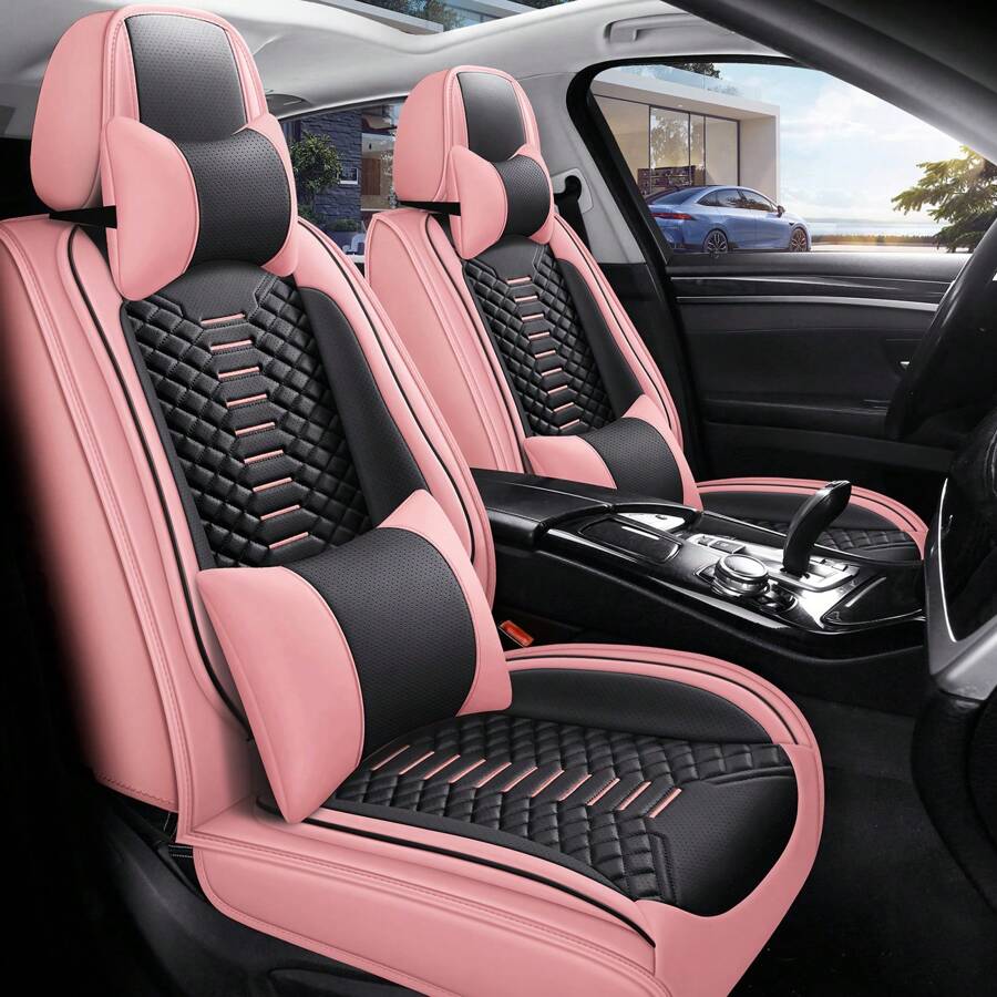 Nappa Perforated Leather Universal Car 5 Seat Covers Full Set Car Breathable Air Hole All Coverage Front Back Side Full Cushioned Protector Fit For Most Cars SUV Truck Sedan - 粉色 - 查看 1