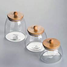 Tarro de almacenamiento de granos de vidrio transparente, tarro sellado de vidrio de borosilicato alto con tapa de madera de bambú, bote de té con perilla redonda de madera