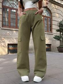Structural Design Segmentation Line Splicing Street Casual Cargo Women's Pants Festival - Green - View 3
