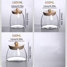 Tarro de almacenamiento de granos de vidrio transparente, tarro sellado de vidrio de borosilicato alto con tapa de madera de bambú, bote de té con perilla redonda de madera