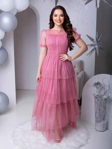 Women's Long Tulle Glitter Dress Short Sleeve Elegant Party Dress - Rusty Rose - View 1