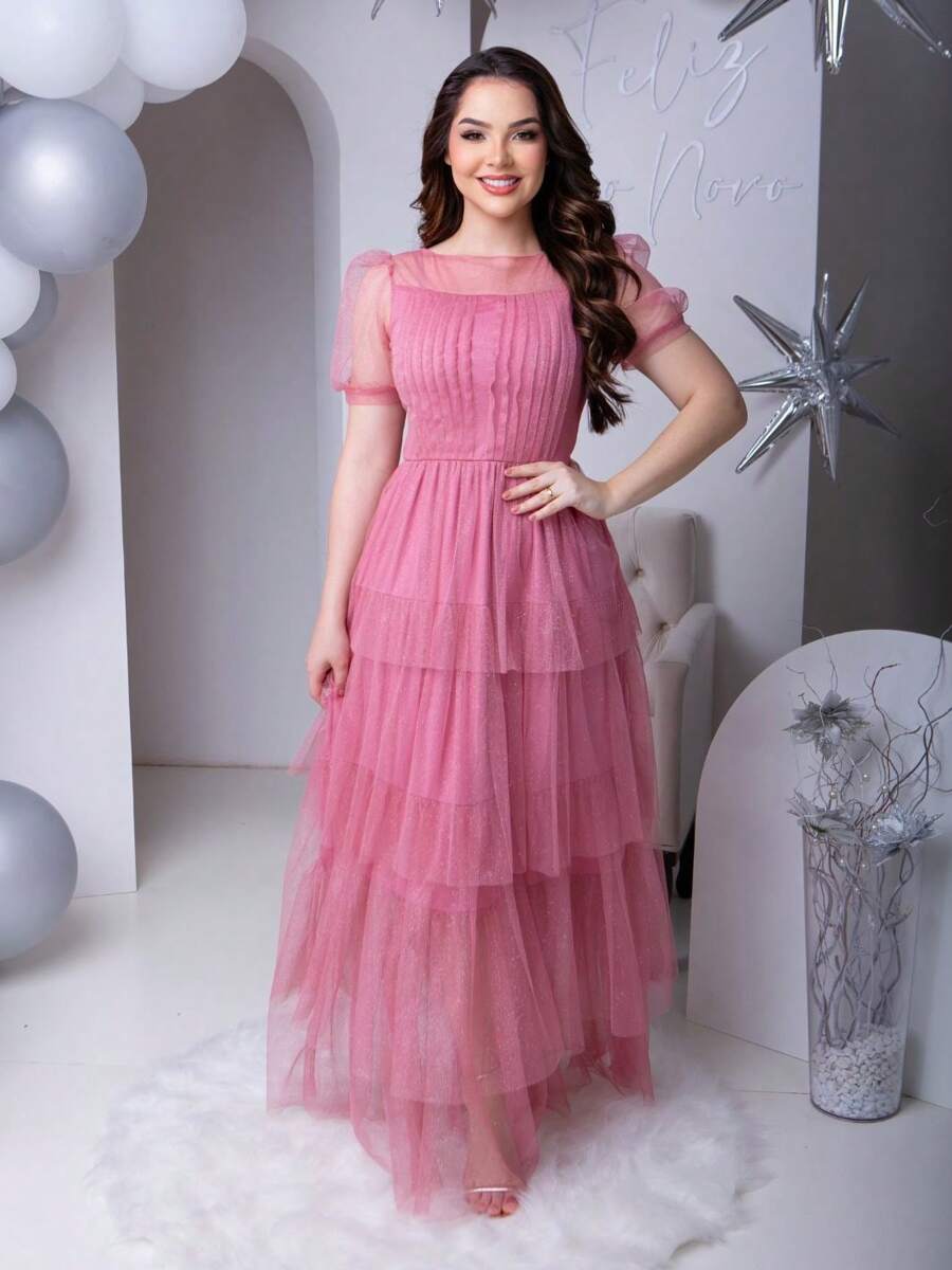 Women's Long Tulle Glitter Dress Short Sleeve Elegant Party Dress - Rusty Rose - View 1
