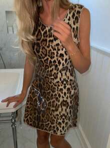 Women's Summery Leopard Print Sequin Sleeveless Slim Dress For Music Festivals And Valentine's Day Cocktail Parties, Party Dress, Wedding Guest Dress - Brown - View 8