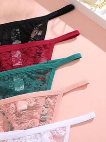 5pcs Plus Size Women's Multi-Color Floral Lace Comfortable Drawstring Low Waist Sexy Lace Thong - Multicolor - View 6