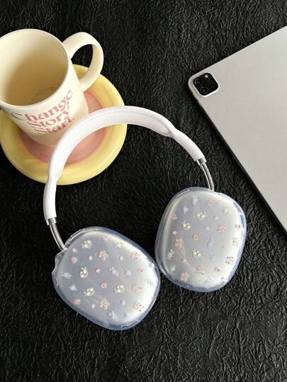 1 Pair Minimalist Floral Design Protective Case For Max Bluetooth Headphones, Full Coverage Soft Shell Transparent Ear Cups