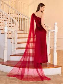 Váy chắp vá sequin bất đối xứng cho bé gái tuổi teen, thích hợp cho tiệc sinh nhật, tiệc tối, vũ hội, hóa trang, phù dâu cưới, chủ nhà, dịp đặc biệt & lễ hội - Màu Đỏ Sâu - Xem 2