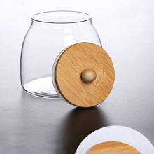 Tarro de almacenamiento de granos de vidrio transparente, tarro sellado de vidrio de borosilicato alto con tapa de madera de bambú, bote de té con perilla redonda de madera