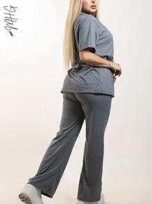 Conjunto de 2 Piezas Oversize Unicolor para Dama Mujer Amplio y Holgado de Blusa de Cuello Redondo Unicolor con Manga Corta y Hombros Caídos Cómoda y Pantalón Oversize Holgado Unicolor Sin Bolsillos Moda Otoño Primavera y Verano Estilo Casual y Versatil para Todo Tipo de Ocasion - Gris - Ver 6