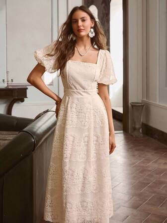 Simplee 女士夏季新品精致蕾丝灯笼袖礼服，适合婚礼宾客、复古风格、独立日、生日