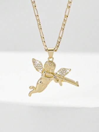 1pc European Style 14K Gold Layered Embossed Copper Inlaid Zirconia Angel Cupid Archer Pendant Necklace, Suitable For Mother/Couple/Friend/Godmother Gifts, Everyday And Holiday Wear