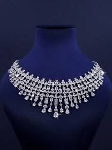 5pcs White Gold Plated Luxury Royal Style Tassel Leaf Design Bridal Wedding Jewelry Set, Handset White Cubic Zirconia, Including Necklace, Bracelet, Earrings, Ring, Suitable For Daily Wedding, Wedding Anniversary Gift (Gift Box Packaging) Included