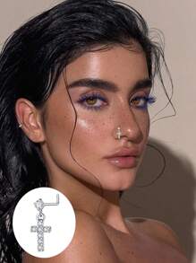 20G Pendientes de aro para la nariz en forma de L con colgante para mujer, aros de nariz con pendientes con flor de circonita cúbica de acero inoxidable para perforaciones de la nariz