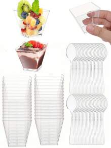 5/50/100/150pcs Transparent Plastic Dessert Cups With Spoons - Mini/Small Square Parfait Bowls, Suitable For Serving Desserts, Appetizers, Puddings, Cheesecakes At Parties - Transparent - View 1