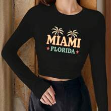 Vibrant Miami Florida Palm Trees Women's Long Sleeve Crop Top - Y2K Inspired, Stretchy Polyester Spandex Blend, Round Neck, Machine Washable, Perfect For All Seasons - Black - View 1