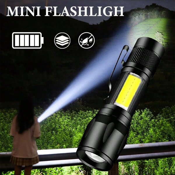 1pc Mini Handheld Flashlight, Rechargeable USB, Zoom Adjustable Focus, COB Floodlight, Bright Light For Outdoor Use, Travel, Camping, Fishing, Hiking, Portable Household Flashlight, Holiday Gift